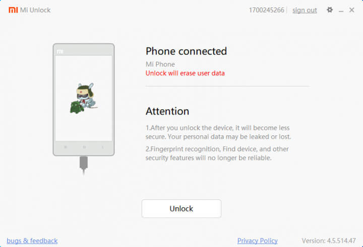 click on unlock when mi mobile is connected with mi unlock tool