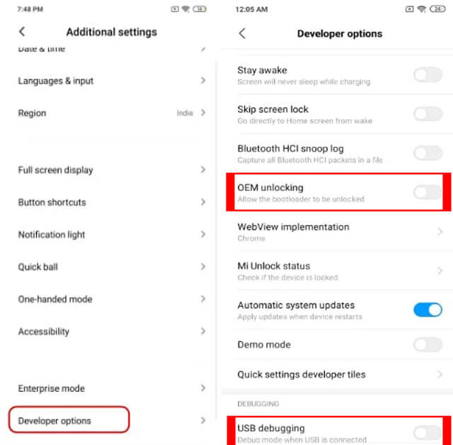 enable OEM unlock USB debugging in Mi mobile 1